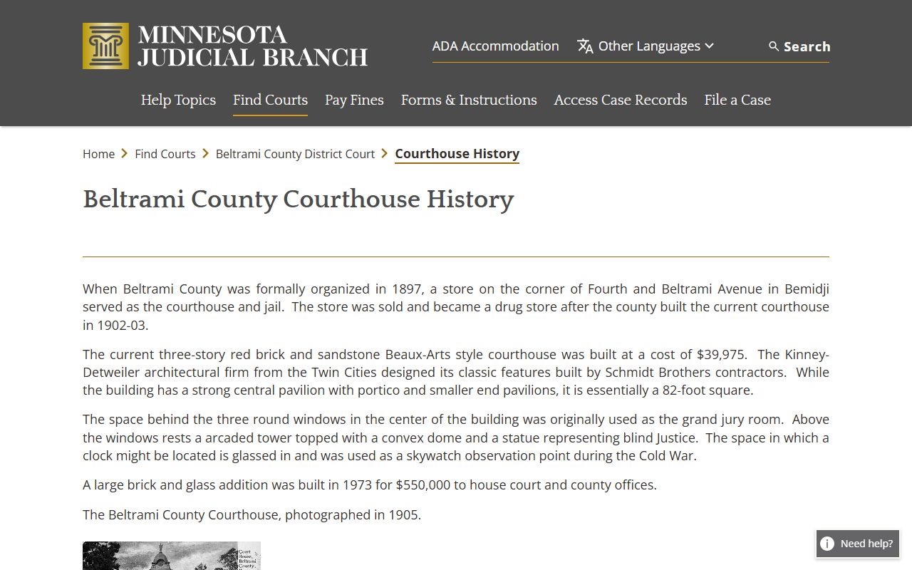 Beltrami County District Court courthouse and court records page