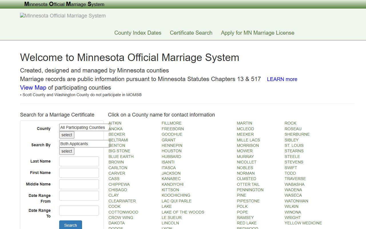 Beltrami County marriage records MOMS search portal