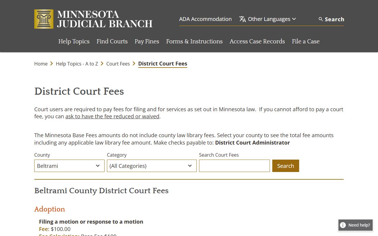 Beltrami County probate records District Court fee schedule